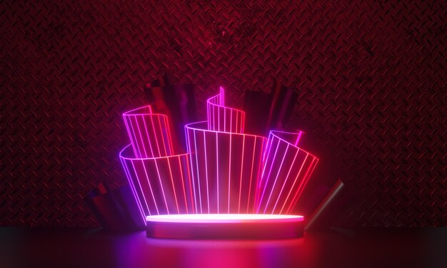 Dark podium display background neon laser red pink light with light roll metal wall in black theme. 3D illustration rendering.