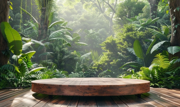 Dark podium in tropical forest for product presentation and green background