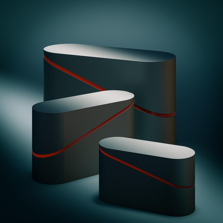 Photo dark podiums with elliptical section with red line