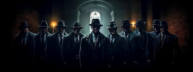 Dark portrait of a bosses from the mafia global crime banner made with Generative AI