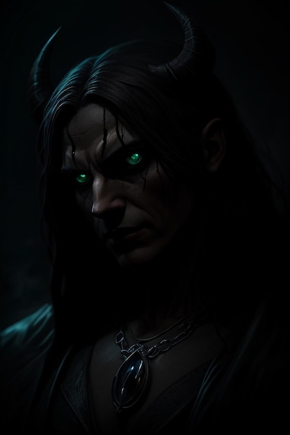 A dark portrait of a demon with green eyes.