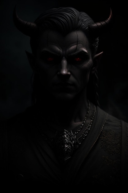 A dark portrait of a demon with red eyes and red eyes.