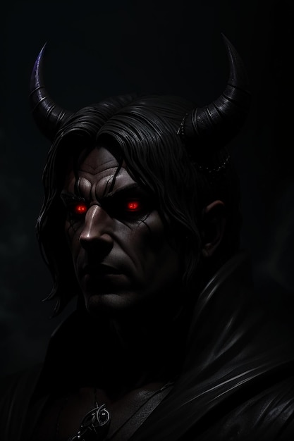 A dark portrait of a demon with red eyes and red glowing eyes.