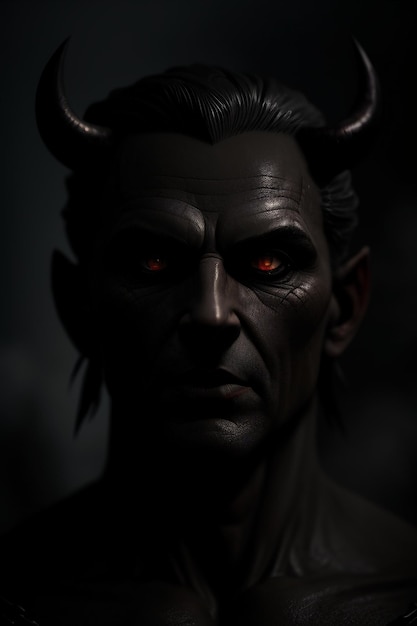 A dark portrait of a devil with red eyes and red eyes.
