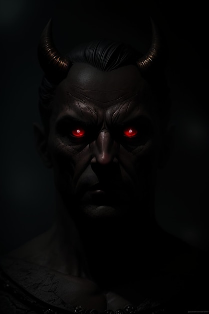 A dark portrait of a devil with red eyes and red eyes.