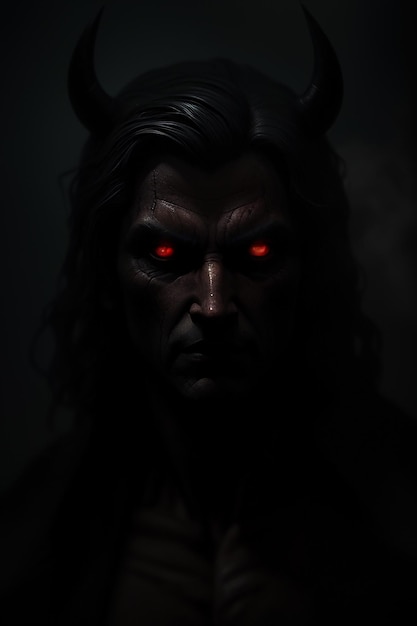 A dark portrait of a devil with red eyes.