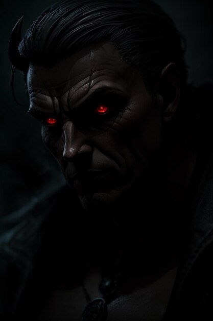 A dark portrait of a devil with red eyes.