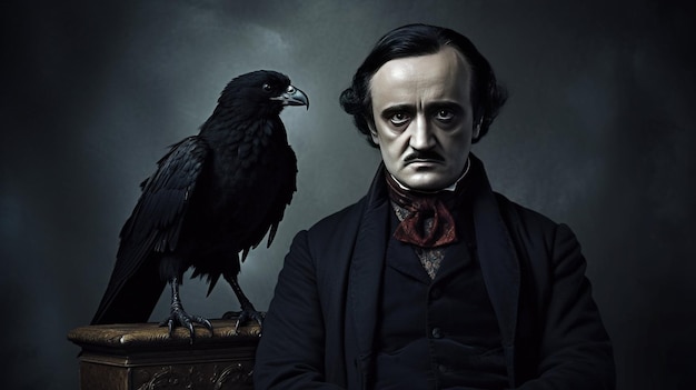 Photo dark portrait of edgar allan poe next to a raven