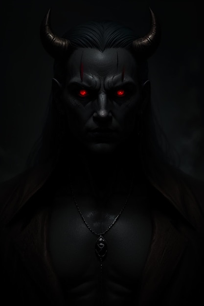 A dark portrait of a male demon with red eyes and a silver necklace.