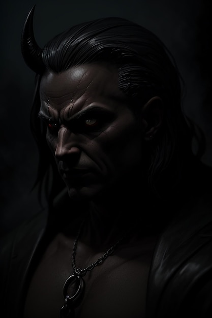 Темный портрет человека с красным глазом и черным фоном.