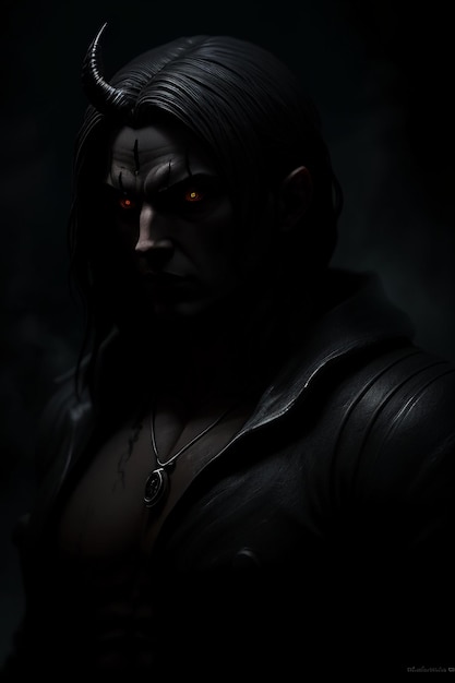 Photo a dark portrait of a man with red eyes and a black leather jacket.