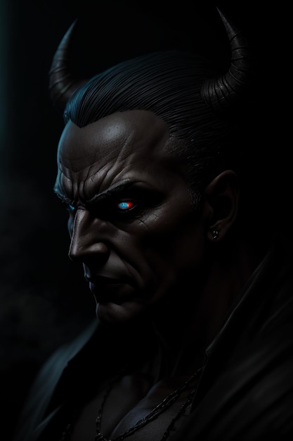 A dark portrait of a man with red eyes and a blue eye.