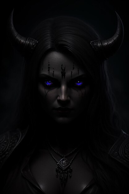 A dark portrait of a woman with blue eyes and horns with a dark background.