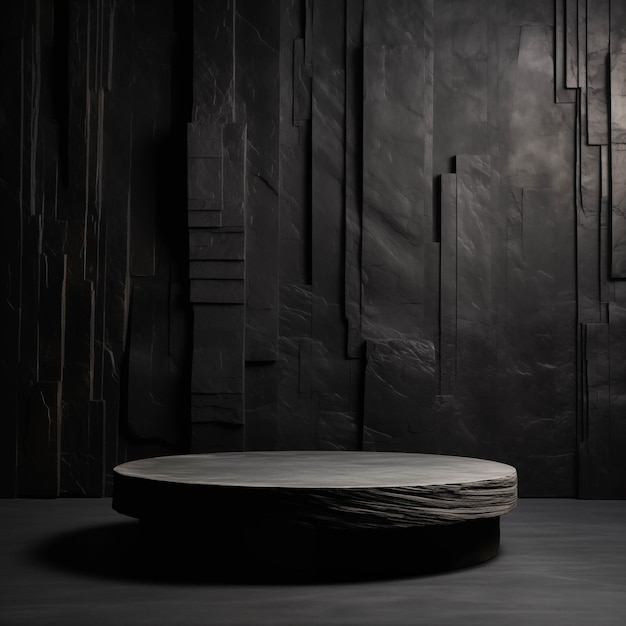Foto sfondo di modello di prodotto scuro con podio di pietra rotondo e modalità grigio pietra solida