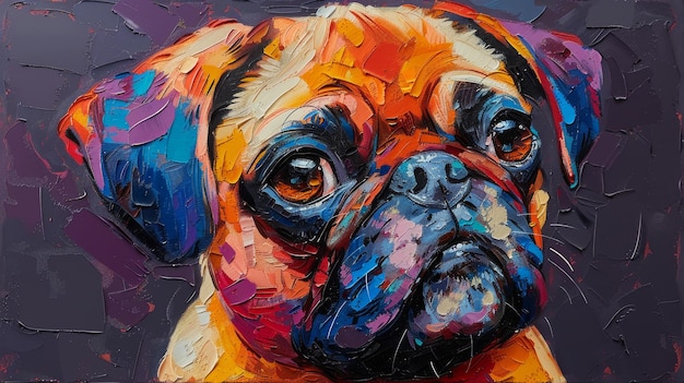 Photo dark purple background with an abstract multicolored portrait of a pug dog