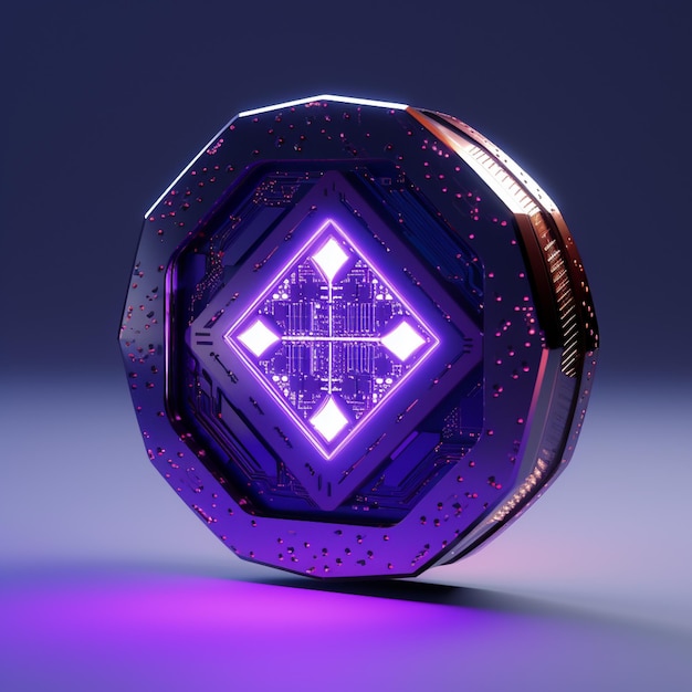 Foto chip viola scuro con un diamante viola all'interno del rendering 3d in stile cyberpunk