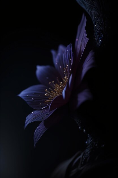 A dark purple flower with a yellow center and a dark background