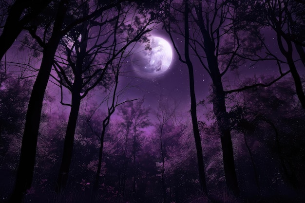 Dark purple forest at night with the moon and stars shining overhead created with generative ai