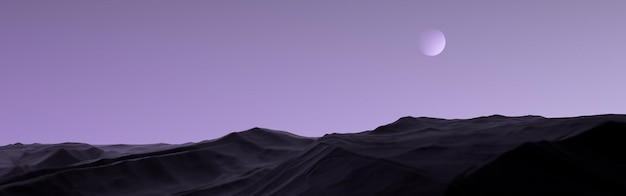 Dark purple mountains with planet Abstract relief stone mountains Futuristic abstract landscape3D render