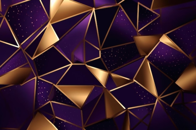 暗い紫色の多角形の背景と金色のハイライト ジェネレーティブAI