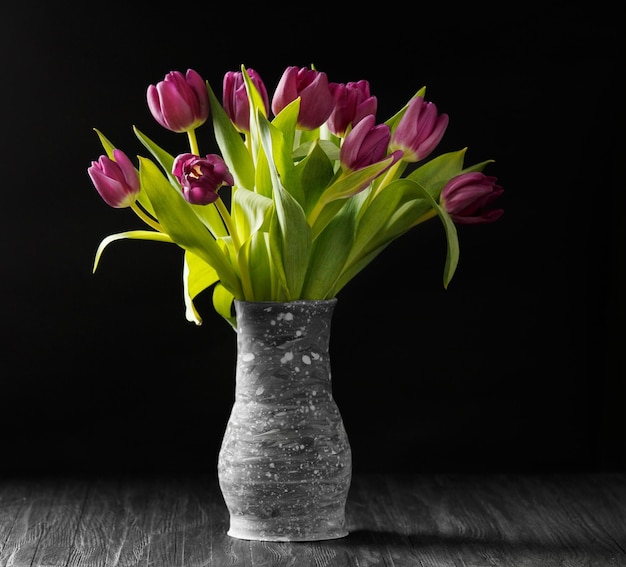 Dark purple tulips on a black background