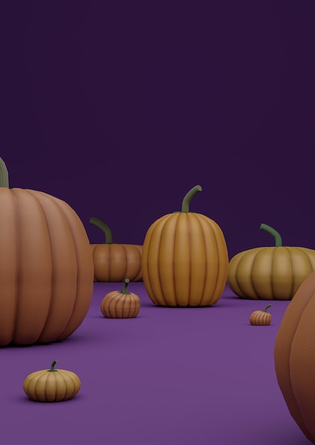 Dark purple violet 3D illustration autumn fall Halloween themed product display podium stand background or wallpaper with pumpkins vertical product photography from side with place for product