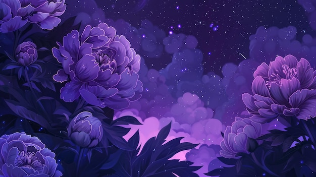 Photo dark purple and violet peonies on a starry background