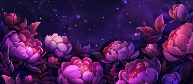 Dark Purple and Violet Peonies on a Starry Background