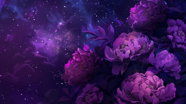 Dark Purple and Violet Peonies on a Starry Background