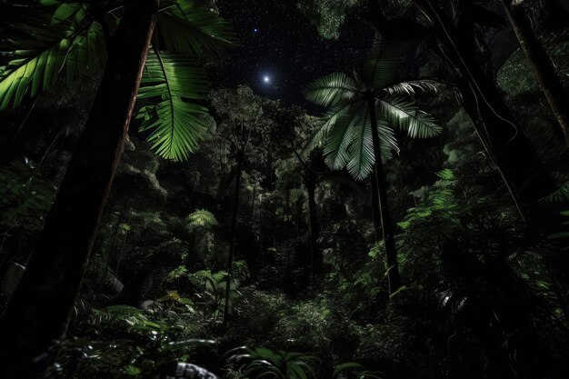 Dark rainforest at night with only the stars and moon shining through the canopy