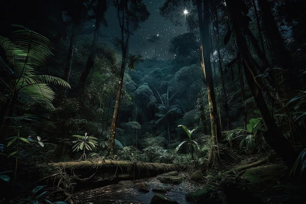 夜の暗い熱帯雨林、上には星の瞬き、下にはホタルだけが見える