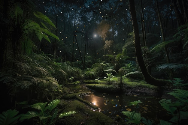星が上に輝き、ホタルが木々の中で踊る、夜の暗い熱帯雨林
