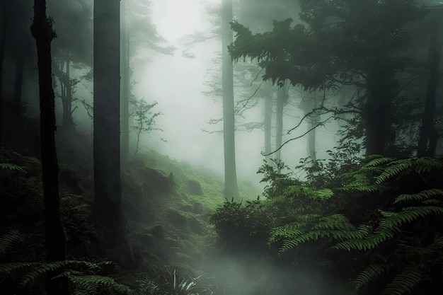 Dark rainforest sun rays through trees with dense fog digital illustration AI generated