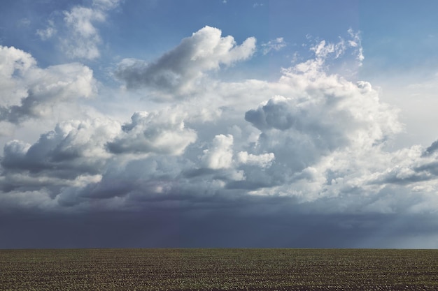 写真 背景または背景としてフィールド上の暗い雨雲