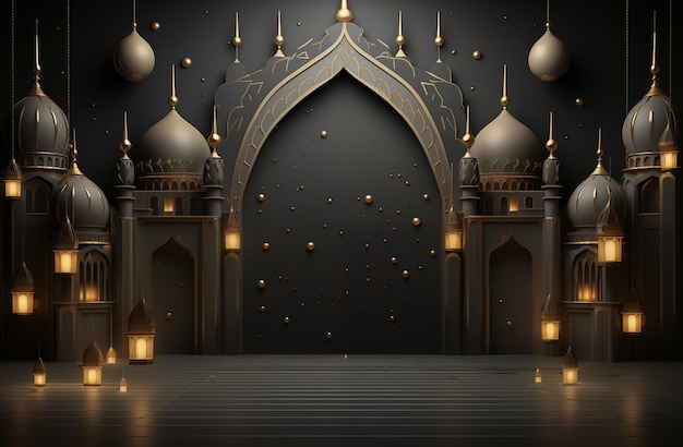 dark ramadan banner with glowing lanterns