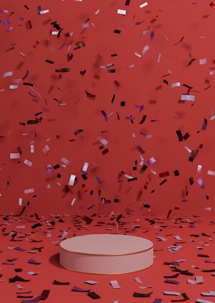 Dark red 3D product display anniversary products celebration confetti podium luxury golden line