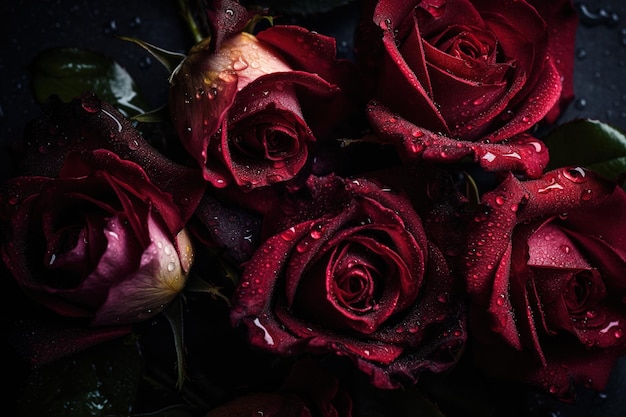 A dark red bouquet of roses with rain drops on the petals.