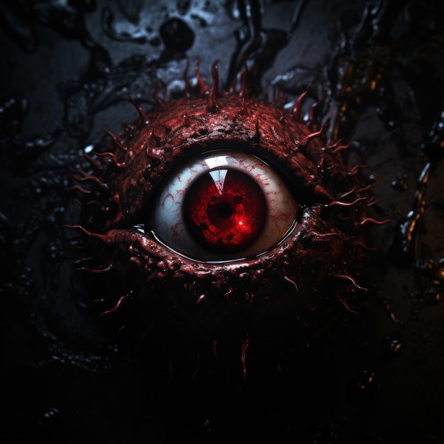 Photo dark red evil eye staring in the darkness generative ai