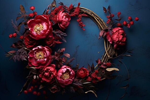 dark red peonies and dry grass and branches wreath on a dark blue background