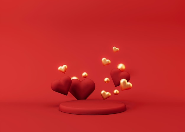 Dark red podium with hearts and golden balls. Valentine's Day. Podium for product, cosmetic presentation. Mock up. Pedestal or platform for beauty products. 3D illustration.