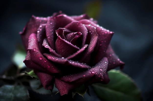 Dark red rose with water drops on the petals