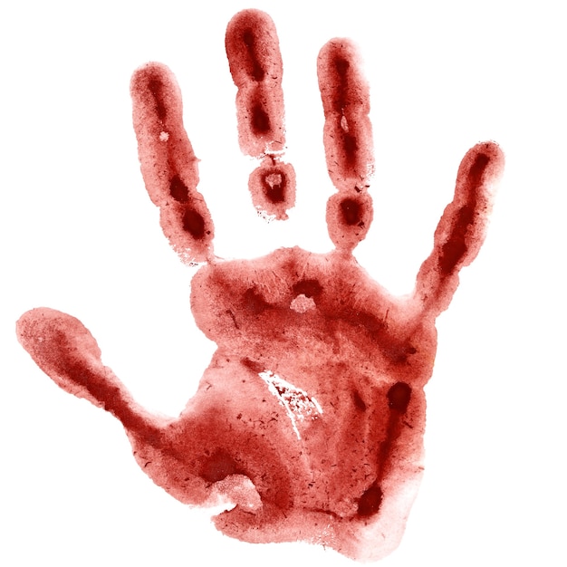 Dark red watercolor hand print isolated on white background, raster illustration