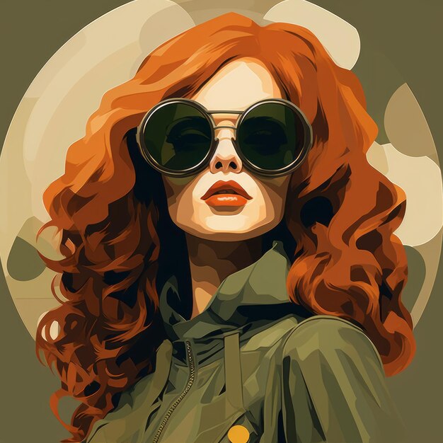 Photo dark redhaired girl crisp neopop illustration with bold color palette