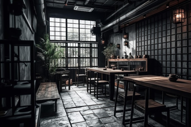 A dark restaurant with a black wall and wooden tables and chairs.