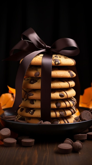 ダークリボンが正面から見た美しく美しく盛り付けられたクッキーのディスプレイを飾ります。