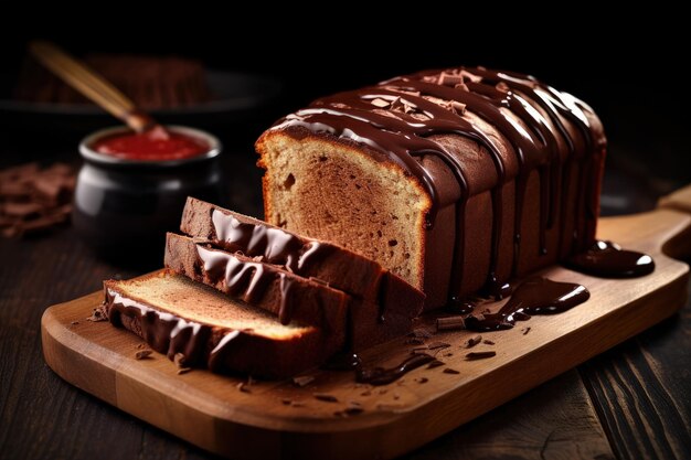 Dark and rich chocolate pound cake served with a creamy ganache on a brown wooden background