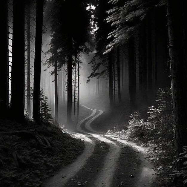 A dark road going into the woods on a foggy day