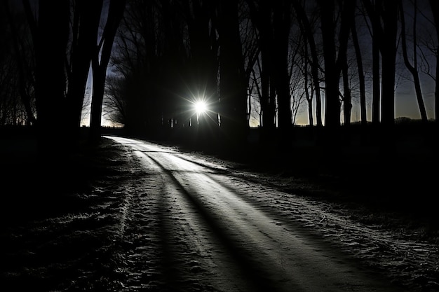 a dark road in the middle of a snowy field at night