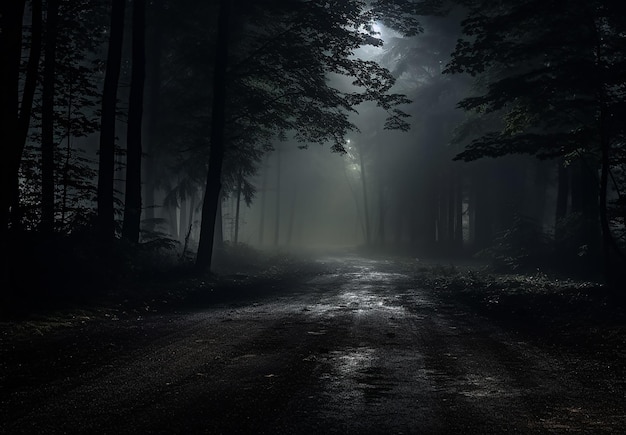 Dark Road Through Fantasy Forest At Night