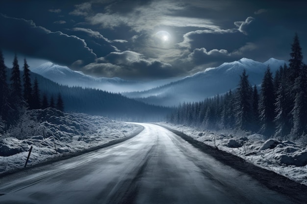 a dark road with a full moon in the sky